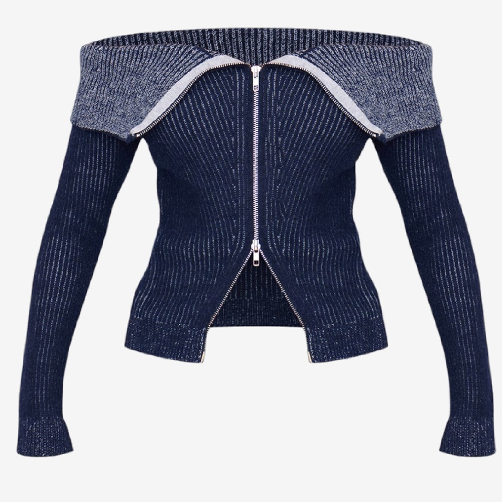 PRETTY LITTLE THING Navy blue Indigo Two Tone Foldover zip up sweater